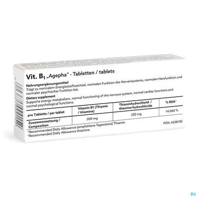 Sie sehen eine Packung Vitamin B1 Tabl Dl 200mg Agepha 20st, Produktbild: 03 Vitamin B1 Tabl Dl 200mg Agepha 20st, A-Nr.: 4338150 - 03