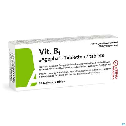 Sie sehen eine Packung Vitamin B1 Tabl Dl 200mg Agepha 20st, Produktbild: 04 Vitamin B1 Tabl Dl 200mg Agepha 20st, A-Nr.: 4338150 - 04