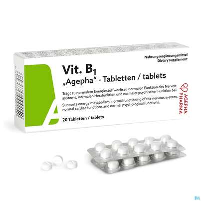 Sie sehen eine Packung Vitamin B1 Tabl Dl 200mg Agepha 20st, Produktbild: 05 Vitamin B1 Tabl Dl 200mg Agepha 20st, A-Nr.: 4338150 - 05