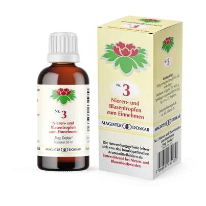 Sie sehen eine Packung Doskar Tropfen Nr. 3 - Nieren- und Blasentropfen, 50 Milliliter, Produktbild: 01 Doskar Tropfen Nr. 3 - Nieren- und Blasentropfen, 50 Milliliter, A-Nr.: 0684978 - 01