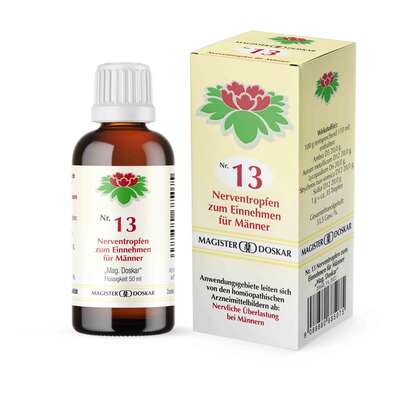 Sie sehen eine Packung Doskar Tropfen Nr. 13 - Nerventropfen für Männer, 50 Milliliter, Produktbild: 01 Doskar Tropfen Nr. 13 - Nerventropfen für Männer, 50 Milliliter, A-Nr.: 0685073 - 01