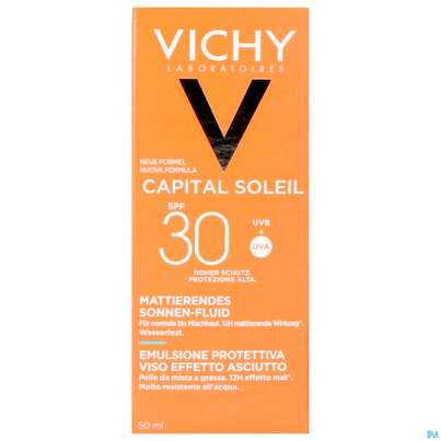 Sie sehen eine Packung Vichy idéal soleil Fluid dry LSF30, 50 Milliliter, Produktbild: 02 Vichy idéal soleil Fluid dry LSF30, 50 Milliliter, A-Nr.: 3813726 - 02