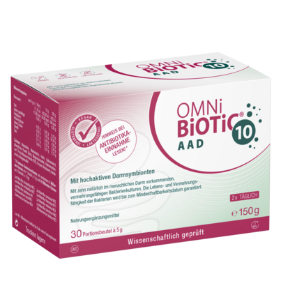 Sie sehen eine Packung OMNi-BiOTiC® 10 AAD, 30 Sachets a 5g, 30 Stück, Produktbild: 01 OMNi-BiOTiC® 10 AAD, 30 Sachets a 5g, 30 Stück, A-Nr.: 4797165 - 01