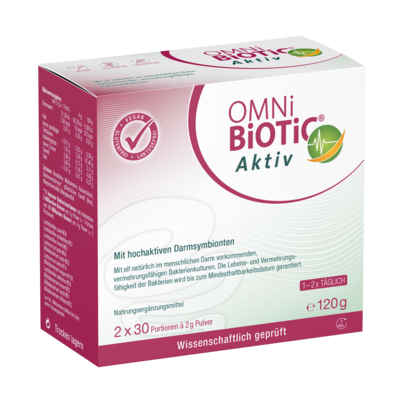 Sie sehen eine Packung OMNi-BiOTiC® Aktiv, 2x60g, 120 Gramm, Produktbild: 01 OMNi-BiOTiC® Aktiv, 2x60g, 120 Gramm, A-Nr.: 4842948 - 01