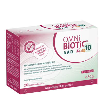 Sie sehen eine Packung Omni-Biotic 10 AAD Kids , 20 Stück, Produktbild: 01 Omni-Biotic 10 AAD Kids , 20 Stück, A-Nr.: 5804571 - 01