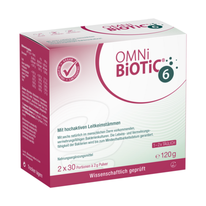 Sie sehen eine Packung OMNi-BiOTiC® 6, 2x60g, 120 Gramm, Produktbild: 01 OMNi-BiOTiC® 6, 2x60g, 120 Gramm, A-Nr.: 3133486 - 01