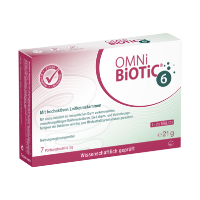Sie sehen eine Packung OMNi-BiOTiC® 6, 7 Sachets a 3g, 7 Stück, Produktbild: 01 OMNi-BiOTiC® 6, 7 Sachets a 3g, 7 Stück, A-Nr.: 3084457 - 01