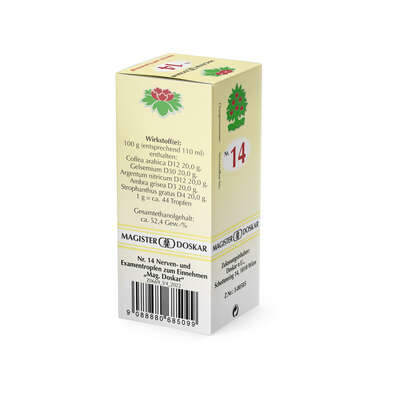 Sie sehen eine Packung Doskar Tropfen Nr. 14 - Nerven- und Examentropfen, 50 Milliliter, Produktbild: 04 Doskar Tropfen Nr. 14 - Nerven- und Examentropfen, 50 Milliliter, A-Nr.: 0685096 - 04