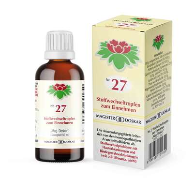 Sie sehen eine Packung Doskar Tropfen Nr. 27 - Stoffwechseltropfen, 50 Milliliter, Produktbild: 01 Doskar Tropfen Nr. 27 - Stoffwechseltropfen, 50 Milliliter, A-Nr.: 0721656 - 01