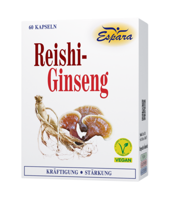Sie sehen eine Packung Espara Reishi-Ginseng Kapseln, 60 Stück, Produktbild: 01 Espara Reishi-Ginseng Kapseln, 60 Stück, A-Nr.: 2483540 - 01