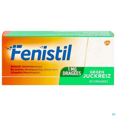 Sie sehen eine Packung Fenistil 1mg Dragees, 30 Stück, Produktbild: 03 Fenistil 1mg Dragees, 30 Stück, A-Nr.: 0021545 - 03