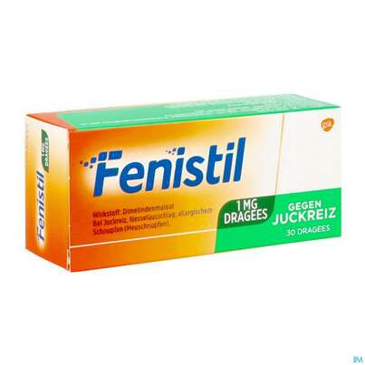 Sie sehen eine Packung Fenistil 1mg Dragees, 30 Stück, Produktbild: 06 Fenistil 1mg Dragees, 30 Stück, A-Nr.: 0021545 - 06