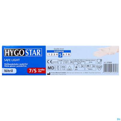 Sie sehen eine Packung Untersuchungshandschuhe Nitril/unsteril Puderfrei/hypoallergen Safe Light Weiss S 27069 100st, Produktbild: 05 Untersuchungshandschuhe Nitril/unsteril Puderfrei/hypoallergen Safe Light Weiss S 27069 100st, A-Nr.: 3049395 - 05
