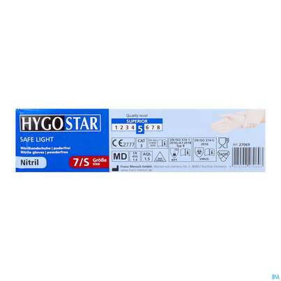 Sie sehen eine Packung Untersuchungshandschuhe Nitril/unsteril Puderfrei/hypoallergen Safe Light Weiss S 27069 100st, Produktbild: 06 Untersuchungshandschuhe Nitril/unsteril Puderfrei/hypoallergen Safe Light Weiss S 27069 100st, A-Nr.: 3049395 - 06