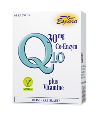 Sie sehen eine Packung Espara Q10 30mg Kapseln, 60 Stück, Produktbild: 01 Espara Q10 30mg Kapseln, 60 Stück, A-Nr.: 1646974 - 01