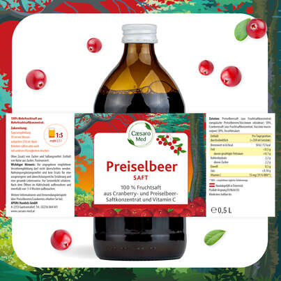Sie sehen eine Packung PREISELBEER SAFT CAESARO 500 ML, 500 Milliliter, Produktbild: 04 PREISELBEER SAFT CAESARO 500 ML, 500 Milliliter, A-Nr.: 4621851 - 04