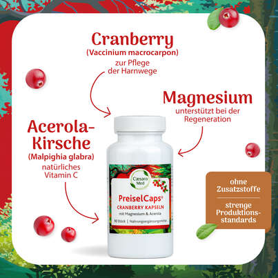 Sie sehen eine Packung Preisel-Caps mit Cranberry, Magnesium und Acerola 90 Stück, 90 Stück, Produktbild: 02 Preisel-Caps mit Cranberry, Magnesium und Acerola 90 Stück, 90 Stück, A-Nr.: 2749647 - 02