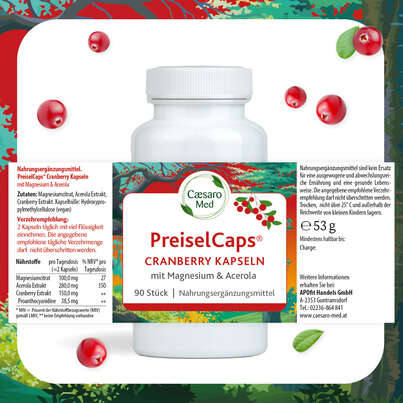 Sie sehen eine Packung Preisel-Caps mit Cranberry, Magnesium und Acerola 90 Stück, 90 Stück, Produktbild: 04 Preisel-Caps mit Cranberry, Magnesium und Acerola 90 Stück, 90 Stück, A-Nr.: 2749647 - 04