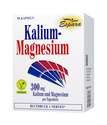 Sie sehen eine Packung Espara Kalium-Magnesium Kapseln 90 Stk., 90 Stück, Produktbild: 01 Espara Kalium-Magnesium Kapseln 90 Stk., 90 Stück, A-Nr.: 3492423 - 01