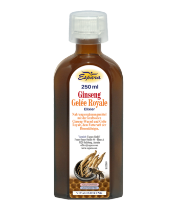 Sie sehen eine Packung Espara Ginseng-Gelèe Royale Elixier, 250 Milliliter, Produktbild: 01 Espara Ginseng-Gelèe Royale Elixier, 250 Milliliter, A-Nr.: 4738719 - 01