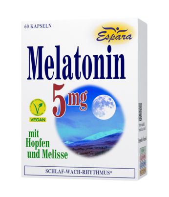Sie sehen eine Packung Espara Melatonin 5mg Kapseln, 60 Stück, Produktbild: 01 Espara Melatonin 5mg Kapseln, 60 Stück, A-Nr.: 3957402 - 01
