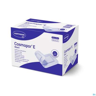 Sie sehen eine Packung Wundverband Cosmopor/e Steril Selbstklebend 5x 7,2cm 50st, Produktbild: 03 Wundverband Cosmopor/e Steril Selbstklebend 5x 7,2cm 50st, A-Nr.: 2773717 - 03