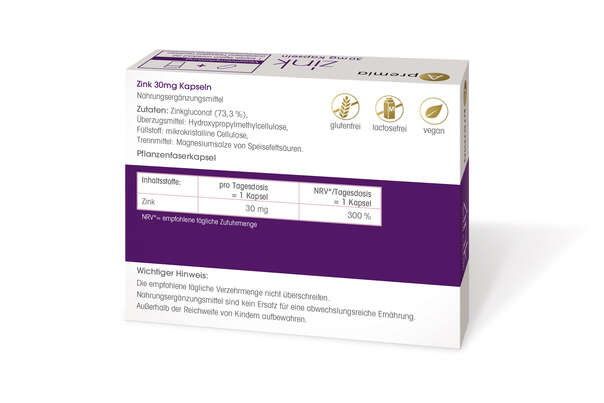 Sie sehen eine Packung Apremia Zink 30mg Kapseln, 30 Stück, Produktbild: 02 Apremia Zink 30mg Kapseln, 30 Stück, A-Nr.: 3936044 - 02