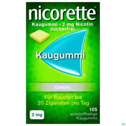 Sie sehen eine Packung Nicorette Kaugummi 2mg - ohne Geschmack, 105 Stück, Produktbild: 01 Nicorette Kaugummi 2mg - ohne Geschmack, 105 Stück, A-Nr.: 0694161 - 01