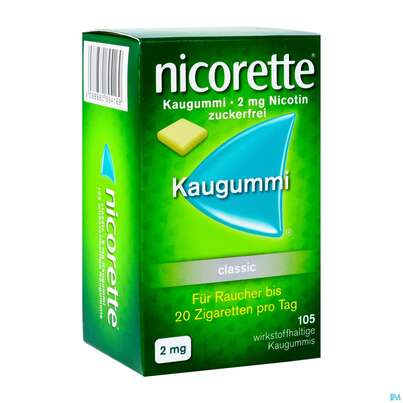 Sie sehen eine Packung Nicorette Kaugummi 2mg - ohne Geschmack, 105 Stück, Produktbild: 02 Nicorette Kaugummi 2mg - ohne Geschmack, 105 Stück, A-Nr.: 0694161 - 02