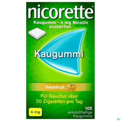 Sie sehen eine Packung nicorette® Kaugummi freshfruit 4mg, 105 Stück, Produktbild: 01 nicorette® Kaugummi freshfruit 4mg, 105 Stück, A-Nr.: 3500097 - 01