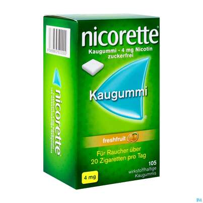 Sie sehen eine Packung nicorette® Kaugummi freshfruit 4mg, 105 Stück, Produktbild: 02 nicorette® Kaugummi freshfruit 4mg, 105 Stück, A-Nr.: 3500097 - 02