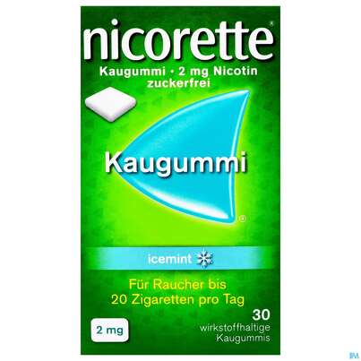 Sie sehen eine Packung nicorette® Kaugummi icemint 2mg, 30 Stück, Produktbild: 01 nicorette® Kaugummi icemint 2mg, 30 Stück, A-Nr.: 3904222 - 01