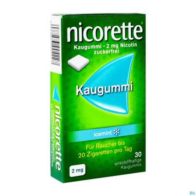 Sie sehen eine Packung nicorette® Kaugummi icemint 2mg, 30 Stück, Produktbild: 02 nicorette® Kaugummi icemint 2mg, 30 Stück, A-Nr.: 3904222 - 02
