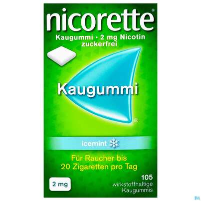 Sie sehen eine Packung nicorette® Kaugummi icemint mit 2 mg Nikotin, 105 Stück, Produktbild: 01 nicorette® Kaugummi icemint mit 2 mg Nikotin, 105 Stück, A-Nr.: 3904239 - 01