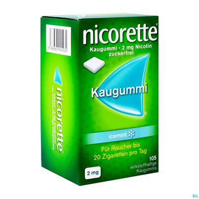 Sie sehen eine Packung nicorette® Kaugummi icemint mit 2 mg Nikotin, 105 Stück, Produktbild: 02 nicorette® Kaugummi icemint mit 2 mg Nikotin, 105 Stück, A-Nr.: 3904239 - 02