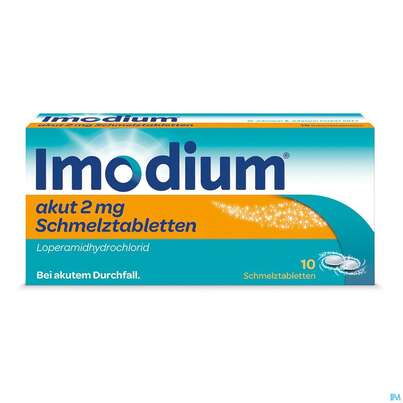 Sie sehen eine Packung Imodium akut Schmelztabletten 2mg, 10 Stück, Produktbild: 01 Imodium akut Schmelztabletten 2mg, 10 Stück, A-Nr.: 3769221 - 01