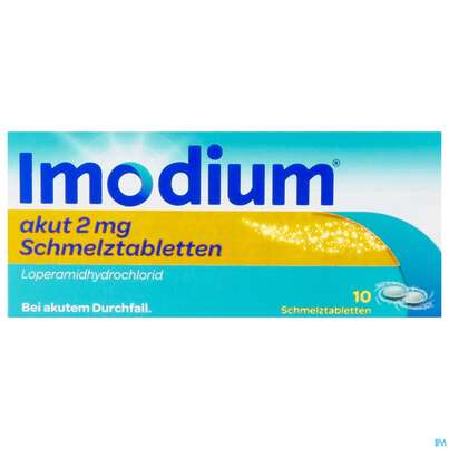 Sie sehen eine Packung Imodium akut Schmelztabletten 2mg, 10 Stück, Produktbild: 03 Imodium akut Schmelztabletten 2mg, 10 Stück, A-Nr.: 3769221 - 03