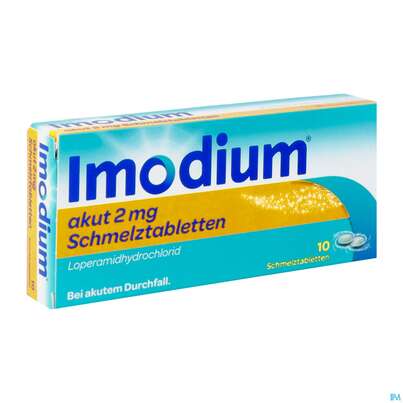 Sie sehen eine Packung Imodium akut Schmelztabletten 2mg, 10 Stück, Produktbild: 04 Imodium akut Schmelztabletten 2mg, 10 Stück, A-Nr.: 3769221 - 04