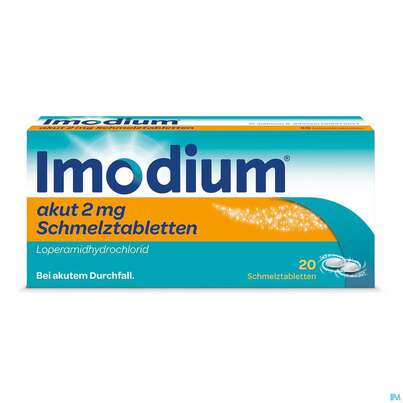 Sie sehen eine Packung Imodium akut Schmelztabletten 2mg, 20 Stück, Produktbild: 01 Imodium akut Schmelztabletten 2mg, 20 Stück, A-Nr.: 3769238 - 01