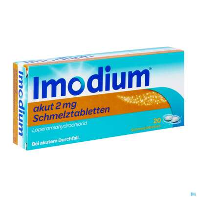 Sie sehen eine Packung Imodium akut Schmelztabletten 2mg, 20 Stück, Produktbild: 04 Imodium akut Schmelztabletten 2mg, 20 Stück, A-Nr.: 3769238 - 04