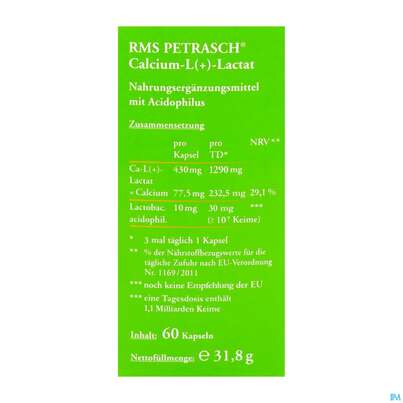 Sie sehen eine Packung Rms-petrasch Kapseln +acidophilus Calcium L (+) Lactat Petrasch 60st, Produktbild: 03 Rms-petrasch Kapseln +acidophilus Calcium L (+) Lactat Petrasch 60st, A-Nr.: 2332479 - 03