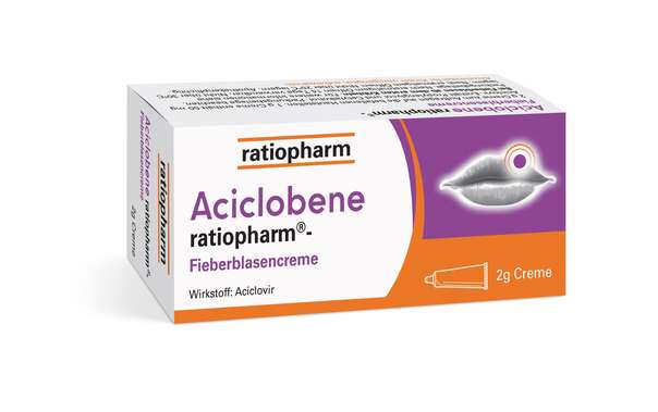 Sie sehen eine Packung Aciclobene ratiopharm Fieberblasencreme, 2 Gramm, Produktbild: 01 Aciclobene ratiopharm Fieberblasencreme, 2 Gramm, A-Nr.: 2424247 - 01