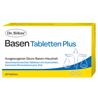 Sie sehen eine Packung Dr. Böhm Basen Tabletten Plus, 60 Stück, Produktbild: 01 Dr. Böhm Basen Tabletten Plus, 60 Stück, A-Nr.: 2635197 - 01
