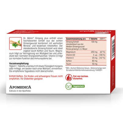 Sie sehen eine Packung Dr. Böhm Ginseng plus, 30 Stück, Produktbild: 06 Dr. Böhm Ginseng plus, 30 Stück, A-Nr.: 2159710 - 06