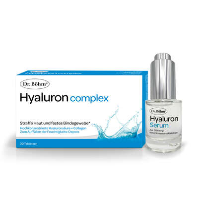 Sie sehen eine Packung Dr. Böhm Hyaluron complex Tabletten + Hyaluron Serum, 1 PK, Produktbild: 01 Dr. Böhm Hyaluron complex Tabletten + Hyaluron Serum, 1 PK, A-Nr.: 4835552 - 01