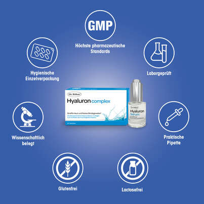 Sie sehen eine Packung Dr. Böhm Hyaluron complex Tabletten + Hyaluron Serum, 1 PK, Produktbild: 04 Dr. Böhm Hyaluron complex Tabletten + Hyaluron Serum, 1 PK, A-Nr.: 4835552 - 04