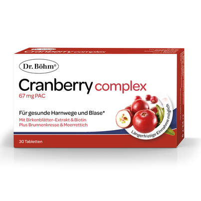 Sie sehen eine Packung Dr. Böhm Cranberry complex, 30 Stück, Produktbild: 01 Dr. Böhm Cranberry complex, 30 Stück, A-Nr.: 4846030 - 01