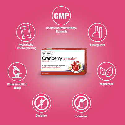 Sie sehen eine Packung Dr. Böhm Cranberry complex, 30 Stück, Produktbild: 04 Dr. Böhm Cranberry complex, 30 Stück, A-Nr.: 4846030 - 04