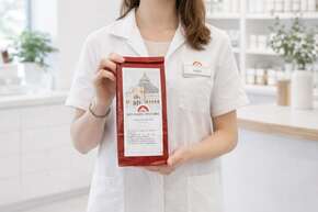 Mitarbeiterin der Rotunden Apotheke präsentiert Teekräuter und Arzneitee aus eigener Herstellung in der Apotheke.