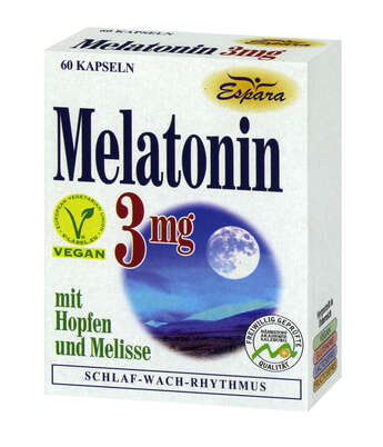 Sie sehen eine Packung Espara Melatonin 3mg Kapseln, 60 Stück, Produktbild: 02 Espara Melatonin 3mg Kapseln, 60 Stück, A-Nr.: 3957394 - 02
